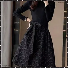 リボン柄フレアワンピース ウエストマーク 大人可愛い長袖ワンピースレディース 着やせ レトロ風Aラインワンピース お洒落ベルト付きドレス結婚式 韓国ファッション 着回しワンピ異素材 インナーワンピ上品 黒ワンピ体型カバー