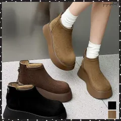 スエードタッチ厚底ショートブーツ 裏起毛 レディース カジュアルムートンブーツ あったか防寒シューズ ラウンドトゥ冬靴 後ろジップブーツ 歩きやすい秋冬美脚脚長 バックジップブーツ あったかブーツ軽量 ボリュームソール靴