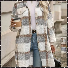 ボアジャケット韓国風チェックカーディガン ロング丈コクーンジャケット レディース 春秋コーディガン カジュアル羽織り 軽量ライトアウター体型カバー着やせボアコート ライトコート可愛い 軽いコートゆったり 襟付きコートお洒落