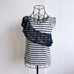 美品✨ セシルマクビー CECIL McBEE Tシャツ トップス カットソー ノースリーブ レース 切り替え  フリル 花柄 ボーダー ショート丈 タイト 細身 フェミニン ガーリー 大人可愛い きれいめ カジュアル 白 ホワイト ネイビー 紺