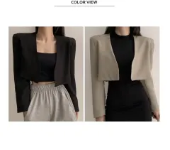 ノーカラーボタン クロップドジャケット (ブラック/カーキ) 肩パッド 季節の変わり目 長袖 ショートジャケット