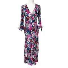 古着 ザラ ZARA Vネック ロングワンピース クリーニング済み ピンク 花柄 七分袖 レディース Mサイズ