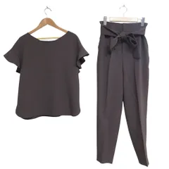 美品 23SS TIARA ティアラ 麻調 袖フリル ブラウス ハイウエスト リボン テーパードパンツ セットアップ 4 ブラウン レディース 古着 中古 USED