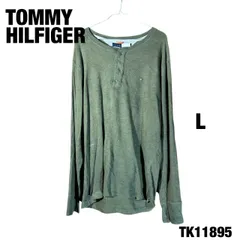 TOMMY HILFIGER カーキ サーマル ロンT L 長袖Tシャツ ハーフボタン プルオーバー クルーネック 古着 TK11895