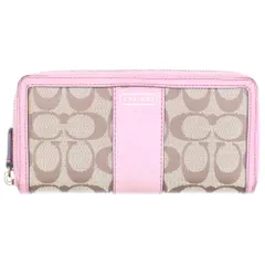COACH (コーチ) シグネチャー キャンバス レザー ラウンドファスナー ロングウォレット 長財布 ゴールド金具 ベージュ/ピンク