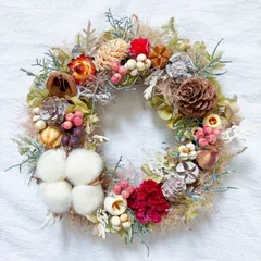 ドライフラワーリース 18cm｜冬・クリスマス｜木の実・綿花＊花材たっぷり ナチュラルリース