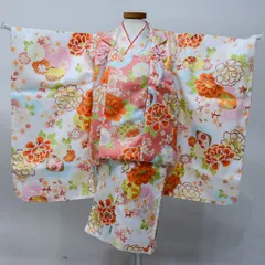 七五三 三歳 女児 被布 着物 フルセット 白色×ピーチ ポリエステル 3歳 3才 三才 女の子 祝着 お仕立て無料 NO0027