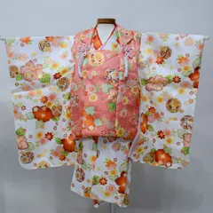 七五三 三歳 女児 被布 着物 フルセット 白×アプリコット ポリエステル 3歳 3才 三才 女の子 祝着 お仕立て無料 NO0028