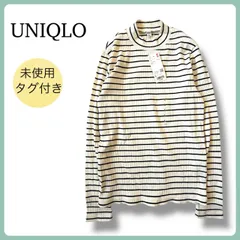 新品 UNIQLO リブ ハイネックT  ボーダー 長袖カットソー オフホワイト L