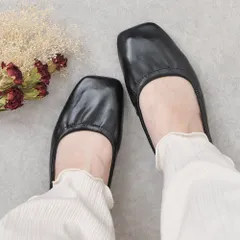 [スムースブラック]パンプス ギャザー フラットシューズ ローヒール ぺたんこ スクエアトゥ 痛くない 柔らかい 疲れない 歩きやすい おしゃれ かわいい 靴 日本製 3L 4L 25cm 25.5cm 26cm 軽量 黒 ブラック k59-38101