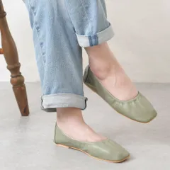 [スムースグリーン]パンプス ギャザー フラットシューズ ローヒール ぺたんこ スクエアトゥ 痛くない 柔らかい 疲れない 歩きやすい おしゃれ かわいい 靴 日本製 3L 4L 25cm 25.5cm 26cm 軽量 k59-38101