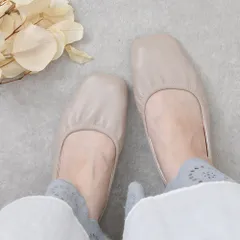 [スムースアイボリー]パンプス ギャザー フラットシューズ ローヒール ぺたんこ スクエアトゥ 痛くない 柔らかい 疲れない 歩きやすい おしゃれ かわいい 靴 日本製 3L 4L 25cm 25.5cm 26cm 軽量 k59-38101