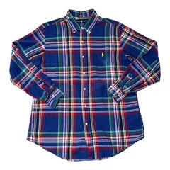 ZM1683 ラルフローレン　Ralph Lauren  チェック柄　長袖　コットン100％　カスタムフィット　90s ヴィンテージ　黄色ポニー　青赤緑紫　オックスフォード　インド製　メンズ　　Lサイズ
