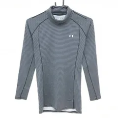 【超美品】アンダーアーマー 長袖ハイネックシャツ グレー×黒 ボーダー 裏微起毛 ロゴプリント レディース MD ゴルフウェア UNDER ARMOUR