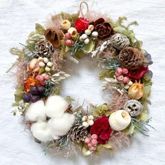 ドライフラワーリース 18cm｜冬の彩り｜木の実・綿花＊花材たっぷり ナチュラルリース