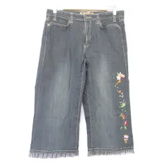 美品 OLLEBOREBLA ALBEROBELLO オレボレブラ アルベロベロ ぶたさん 刺繡 裾レース クロップド デニムパンツ Ⅼ インディゴ レディース 古着 中古 USED