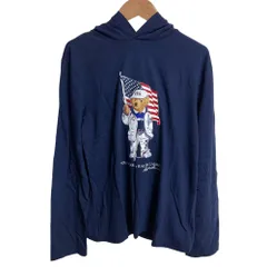 美品 POLO RALPH LAUREN ポロラルフローレン チームUSA ポロベア フーディーカットソー Lサイズ ネイビー レディース 古着 中古 USED