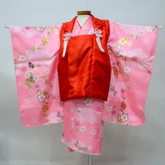 七五三 三歳 女児 被布 着物 フルセット ピンク×赤色 ポリエステル 3歳 3才 三才 女の子 祝着 お仕立て無料 NO0021