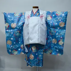 七五三 三歳 女児 被布 着物 フルセット 青色×白色 ポリエステル 3歳 3才 三才 女の子 祝着 お仕立て無料 NO0025
