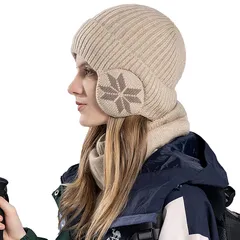 【新品】 [ZVCXOE] ニット帽 ネックウォーマー 2点セット 冬 防寒防風 耳当て付き キャップ 暖かい ビーニーキャップ 裏起毛 伸縮性 厚手 小顔効果 自転車 バイク 通勤通学 登山 散歩 スキー スノーボード 男女兼用 頭囲55-60 CM ベ 0