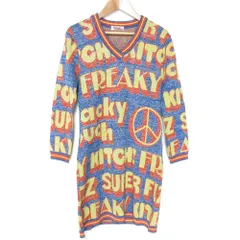 美品 HYSTERIC GLAMOUR ヒステリックグラマー Vネック ジャガードニット チュニック ワンピース サイズF ブルー系 レディース 古着 中古 USED