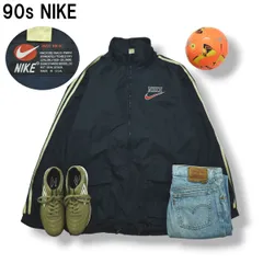 90s ヴィンテージ ナイキ NIKE スウッシュ ロゴ 刺繍 ナイロン ジャケット サイドライン ジャンパー ウィンドブレーカー ジップアップ 裏起毛 L ネイビー ストリート スポーツ メンズ