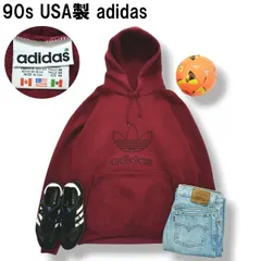 90s ヴィンテージ USA製 アディダス adidas トレフォイル ロゴ パーカー スウェット トレーナー フーディー ラグランスリーブ 裏起毛 M ボルドー スポーツ ストリート メンズ