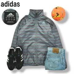 アディダス adidas 中綿 ウィンド ジャケット 裏地 キルティング クライマプルーフ CLIMAPROOF M ボーダー柄 グレーxレッド スポーツ ウェア タウンユース レジャー メンズ