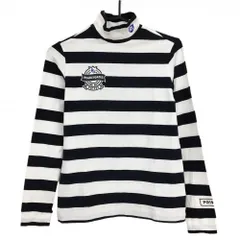 【美品】パーリーゲイツ 長袖ハイネックシャツ 白×ネイビー ボーダー ロゴプリント  レディース 1(M) ゴルフウェア PEARLY GATES