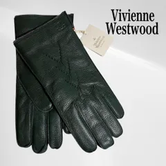 【タグ付き・未使用品】 ヴィヴィアン ウエストウッド 手袋 レザー ニット グローブ メンズ 緑 グリーン オーブ ロゴ 型押し ボーダー 本革
