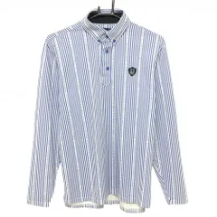【超美品】23区ゴルフ 長袖ポロシャツ 白×ブルー ストライプ ロゴ刺しゅう ボタンダウン メンズ M ゴルフウェア 23区