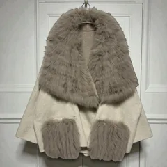 ウール70% ファー付 ミドル丈 コート 表記Sサイズ フリーサイズ グレージュ ポケットファー  ドロップショルダー オーバーサイズ