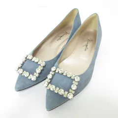 美品 銀座カネマツ スエード スクエア ビジューバックル ポインテッドトゥ パンプス フラットシューズ 24cm ブルー レディース 古着 中古 USED