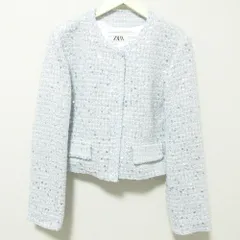 未使用 ZARA ザラ スパンコール ツイード ショート丈 ノーカラー ジャケット M ライトブルー レディース 古着 中古 USED
