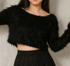 フェザーニット トップス レディース 長袖 ブラック 黒 秋冬 ふわふわ モヘア風 もこもこ ショート丈 きれいめ カジュアル 暖かい 軽い おしゃれ 韓国ファッション 体型カバー 大人可愛い 秋冬コ