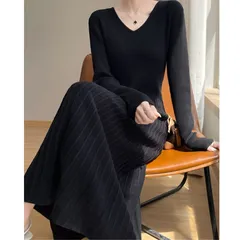 ニット ワンピース ニットワンピ リブ Vネック ロングワンピース レディース 韓国ファッション きれいめ 大人カジュアル シンプル おしゃれ 長袖