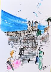 原画#56 スペイン広場 ローマ イタリア 風景画 水彩画 ドローイング