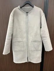 N 処分価格【ヴィンテージ】ノーカラー ムートンコート 裏ボア 起毛 グレー オフホワイト あたたかい 紅葉 極暖 お出かけ