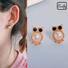 Leafy ＨＡＰＰＹ一粒パールでデザインしたふくろうモチーフピアス/フクロウ/ふくろうは縁起が良いといわれ、開運・紹運・商売繁盛など、たくさんの幸せを運んでくれます  女子会 デートにも縁起の良い お正月 動物「福来郎」「不苦労」  梟  x04489ag