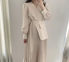 ウエストベルト付き プリーツワンピース 長袖 きれいめ 上品 体型カバー 秋冬春 通勤 OL お呼ばれ 韓国風 大人可愛い ロング丈 ワンピ [1117]