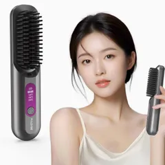 ヒートブラシ ストレートブラシ ヘアアイロン ブラシアイロン ストレート カール コードレス マイナスイオン USB充電 Type-C充電 ヘアケア 3段階温度調節 旅行 持ち歩き 火傷防止 セラミックプレート 寝癖 うねり 広がり