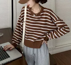 飾りボタン ボーダー ニット プルオーバー セーター トップス レディース 秋冬 春 長袖 ゆったり 体型カバー 低身長 高身長 着回し シンプル きれいめ カジュアル ブラウン ホワイト [1124