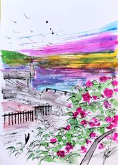 原画#60 チューリップ 花 エッフェル塔 パリ フランス 水彩画