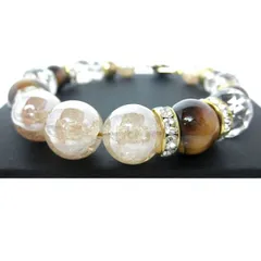 ★ゴールデンオーラクラック水晶＆タイガーアイブレスレット【ゴールデンオーラクラック水晶１２ｍｍ珠、タイガーアイ１２ｍｍ珠、天然水晶ミラーボール型１２ｍｍ】※ニューホックタイプ 内径：約１６ｃｍ ※巾着袋付き パワーストーン 天然石 ブレスレット