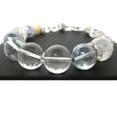 ★天然水晶＆アクアオーラブレスレット 【天然水晶１２ｍｍ珠、アクアオーラ１２ｍｍ珠、クラック水晶１２ｍｍ珠、アラゴナイト８ｍｍ珠】 ※ニューホックタイプ 内径：約１６ｃｍ ※ネコのチャームと巾着袋付き♪ パワーストーン 天然石 ブレスレット