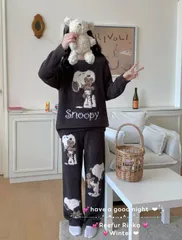 スヌーピー風 もこもこルームウェア上下セット 秋冬用 パジャマ 部屋着 外出OK ダークグレー アイボリー フリーサイズ