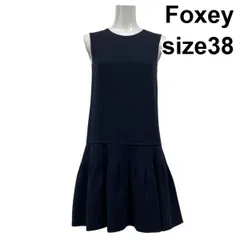 ◇ フォクシー Foxey ひざ丈ワンピース ノースリーブ クルーネック フレア Aライン ネイビー 毛混 38 M 9号 レディース S5Y446