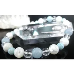 ★アクアマリン＆マザーオブパール＆ラリマーブレスレット４個セット※内径サイズ：約１４〜１８ｃｍ選択可能 アクアマリンＡＡＡ８ｍｍ珠 マザーオブパール高級８ｍｍ珠 ラリマー高級６ｍｍ珠 天然水晶ミラーボールカット６ｍｍ パワーストーン 天然石 ブレスレット
