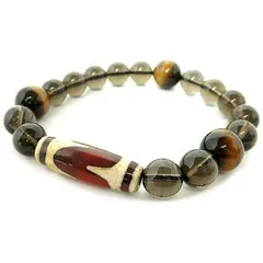 ★虎牙天珠ブレスレット ※ＬＬサイズ：内径約１９～２０ｃｍ選択可能 【虎牙天珠３０×１０ｍｍ、タイガーアイ１２ｍｍ珠、スモーキークォーツ１０ｍｍ珠】 パワーストーン ブレスレット 天然石 ブレスレット 開運祈願 グッズ 開運祈願 アイテム