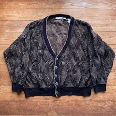 90's geometric patternsknit cardigan. 古着　幾何学総柄　ニット　カーディガン　ネイビー　ベージュ　L